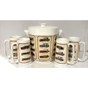 Vintage Thermo Serv Ice Bucket w Lid & 4 Mugs 6" Tall Barware Set USA Auto Theme